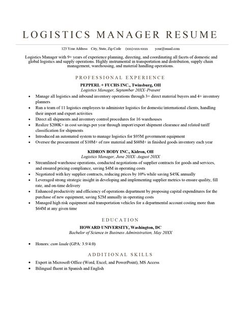 USE THIS SAMPLE. . Logistics manager resume